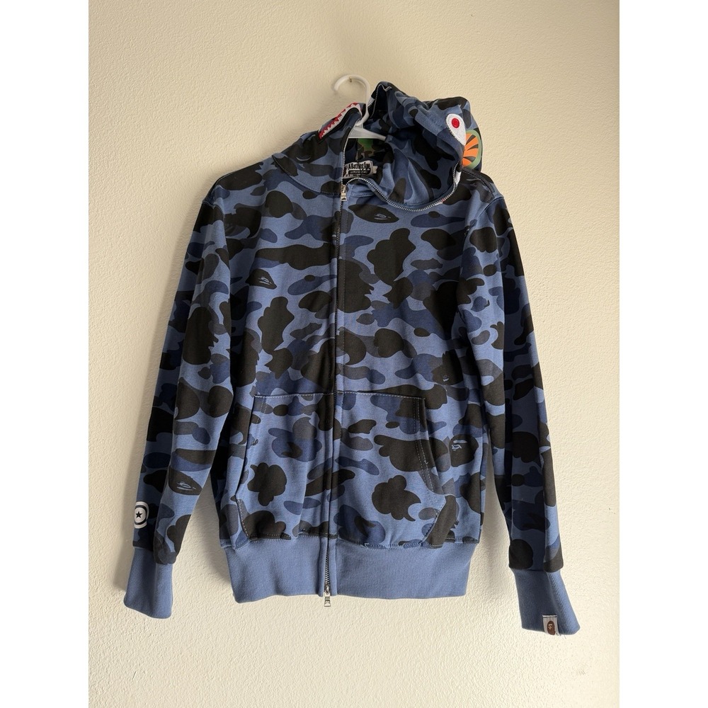 A‎ Bathing Ape Bape Camo Shark Navy Blue Full Zip Hoodie Size Small NWT